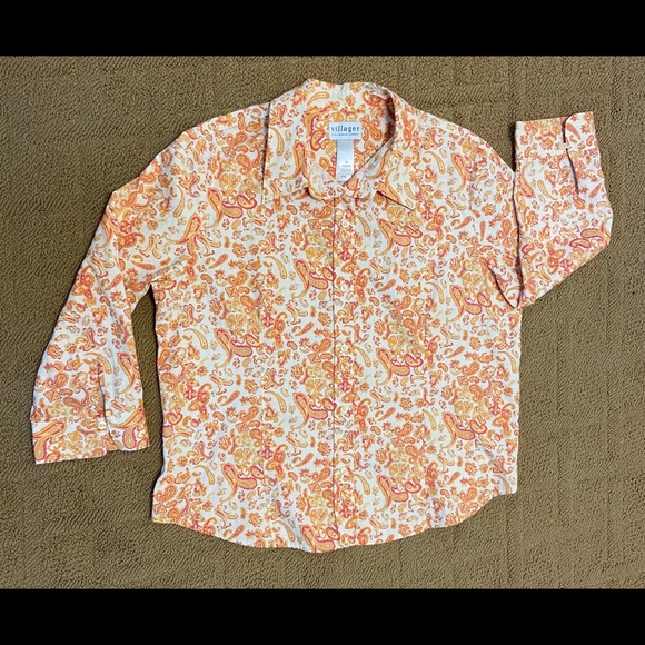 Villager A Liz Claiborne Co- Sz 18 Orange Cream Paisley Blouse 3/4 Sleeves - Picture 1 of 5